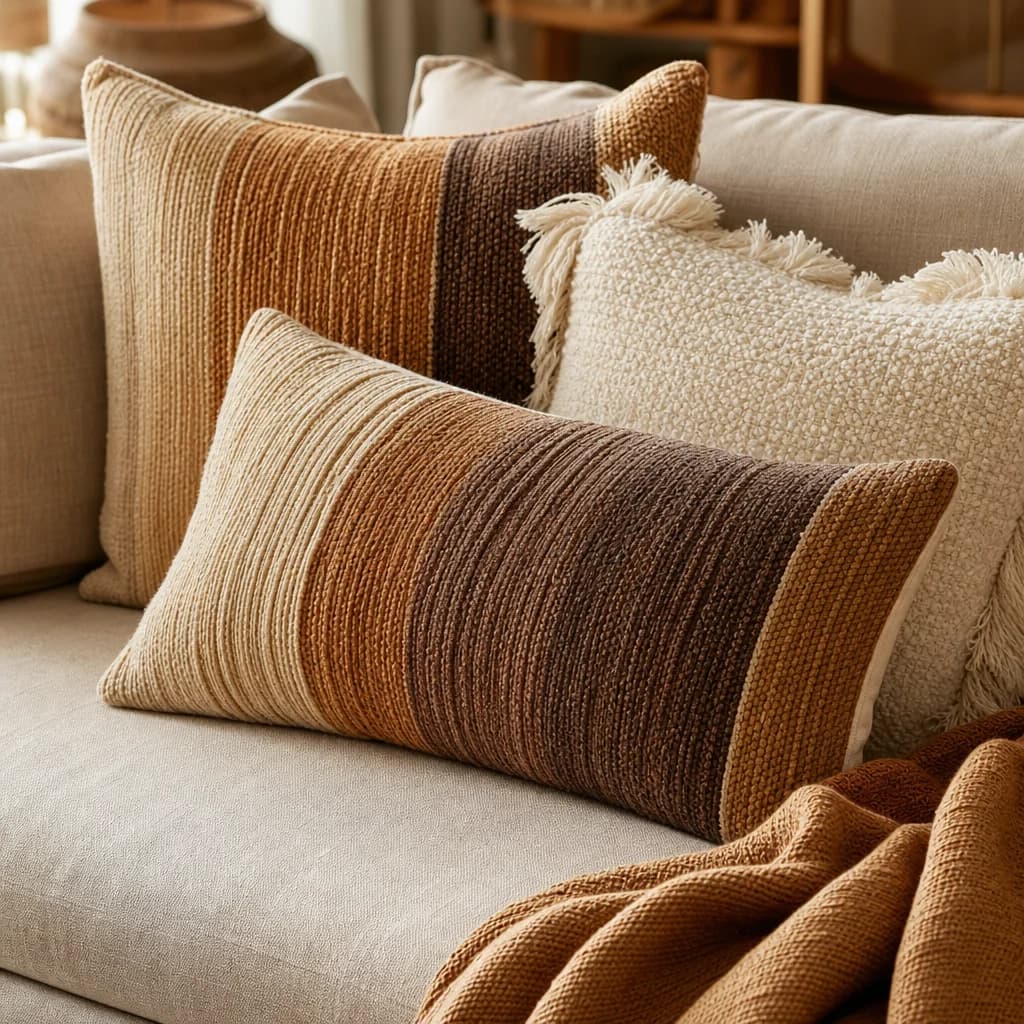 Layered tapestry and bouclé cushions on a linen sofa