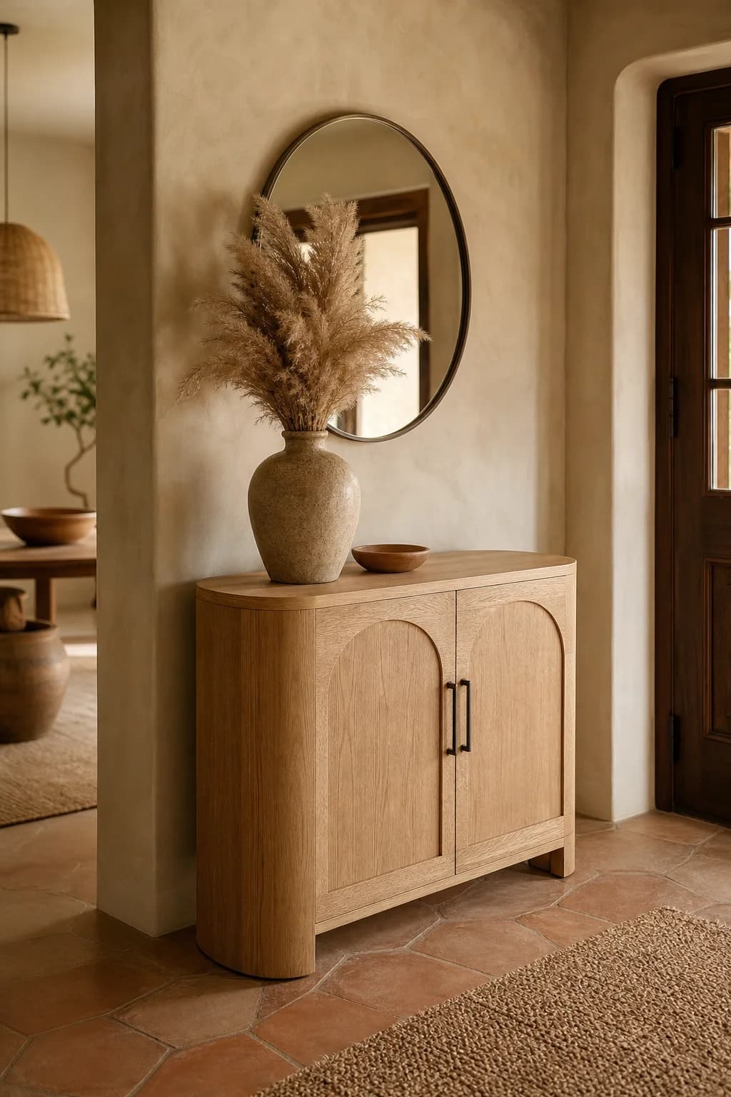 A small light oak sideboard styled in a beige hallway
