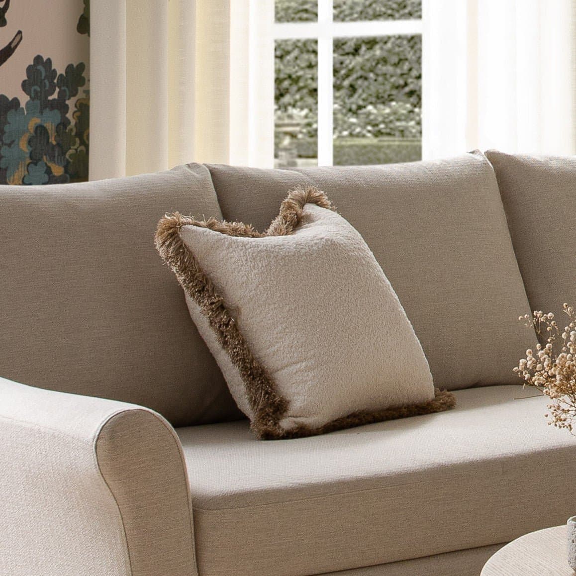 Kyra Cream White Bouclé Natural Fringed Cushion